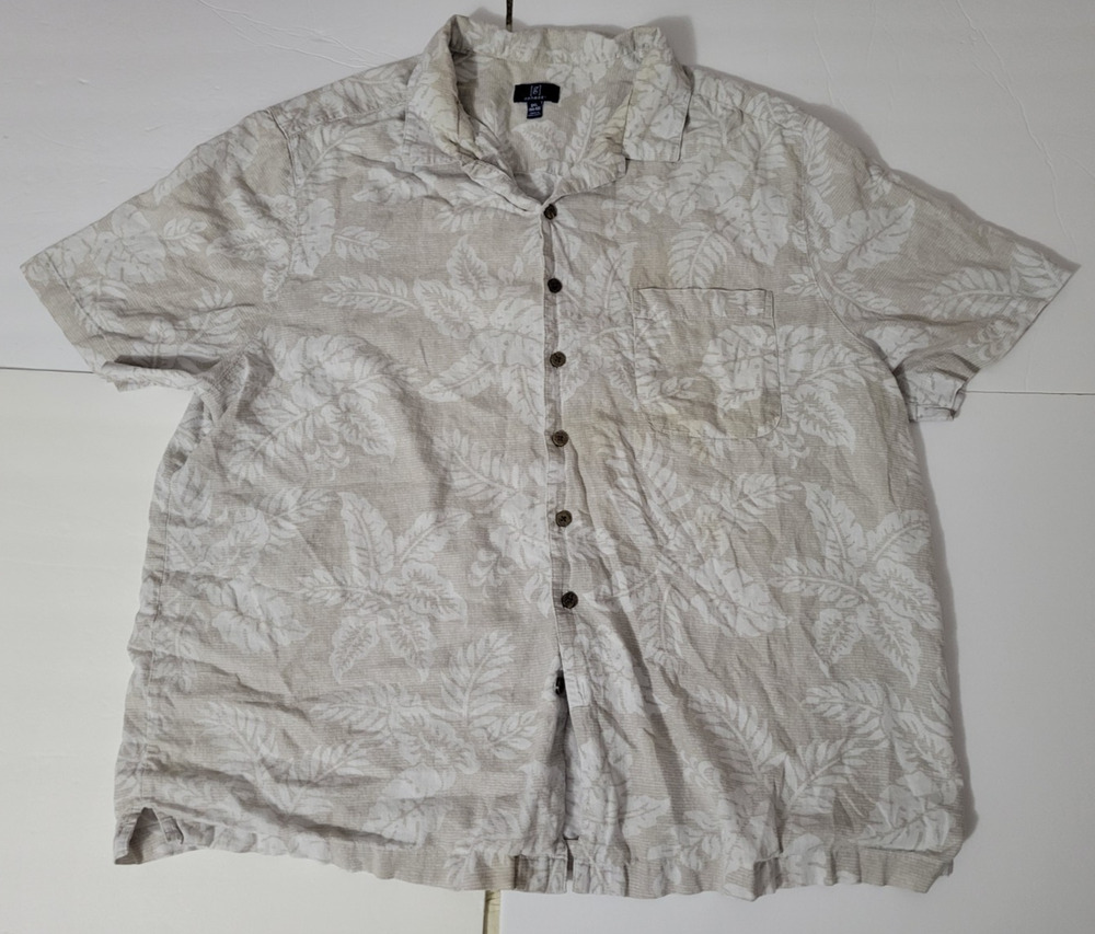 George Mens 2XL Linen Blend Hawaiian Shirt Beige Tropical Leaf Short Sleeve